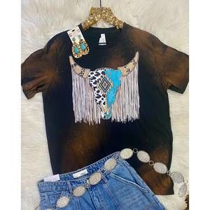 NEW L&B LIFE women's fringe steer cowhide graphic tee in brown